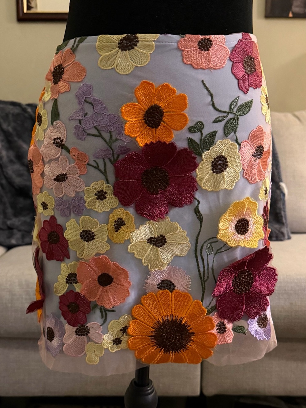 Finesse Lavender Floral Embroidered Mini Skirt with Multicolor Flowers
